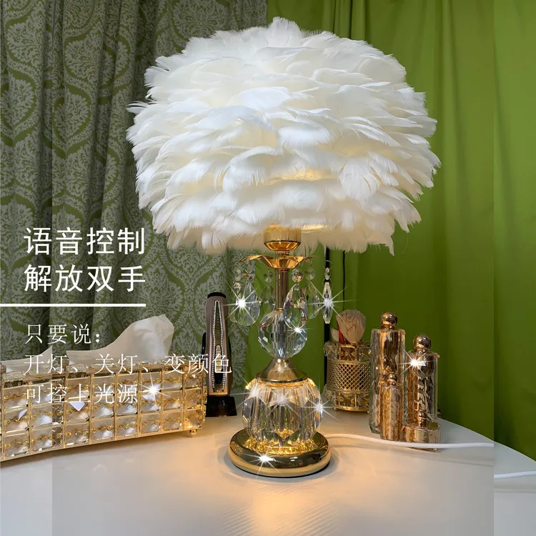 北欧水晶床头台灯卧室化妆台灯氛围灯客厅轻奢温馨浪漫结婚羽毛灯