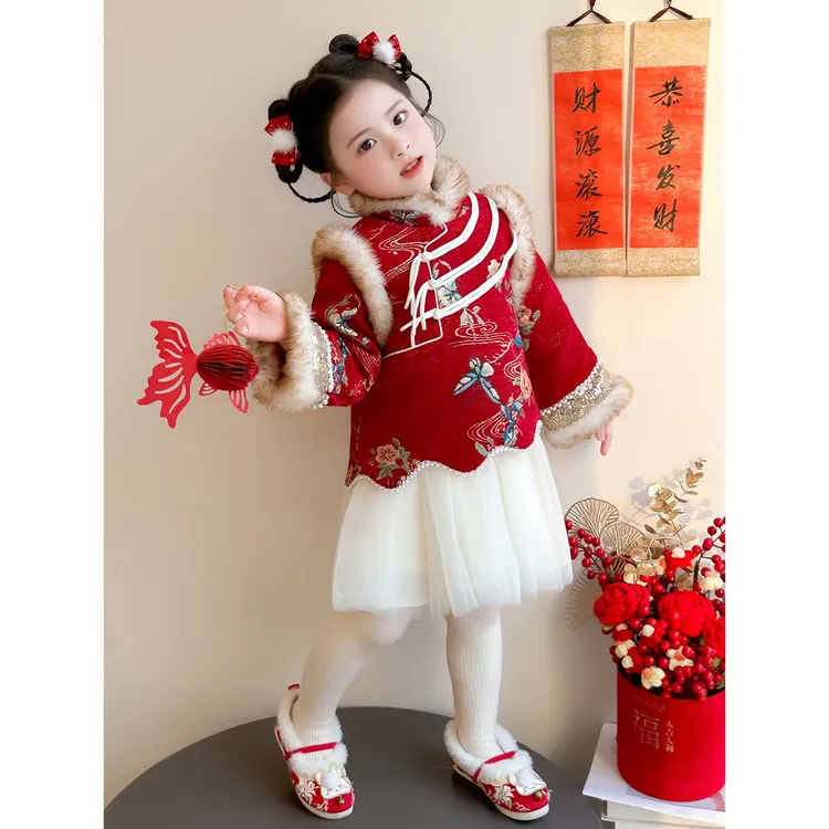女童加厚旗袍裙冬季2026新款儿童国风网纱拜年服宝宝喜庆过年衣服