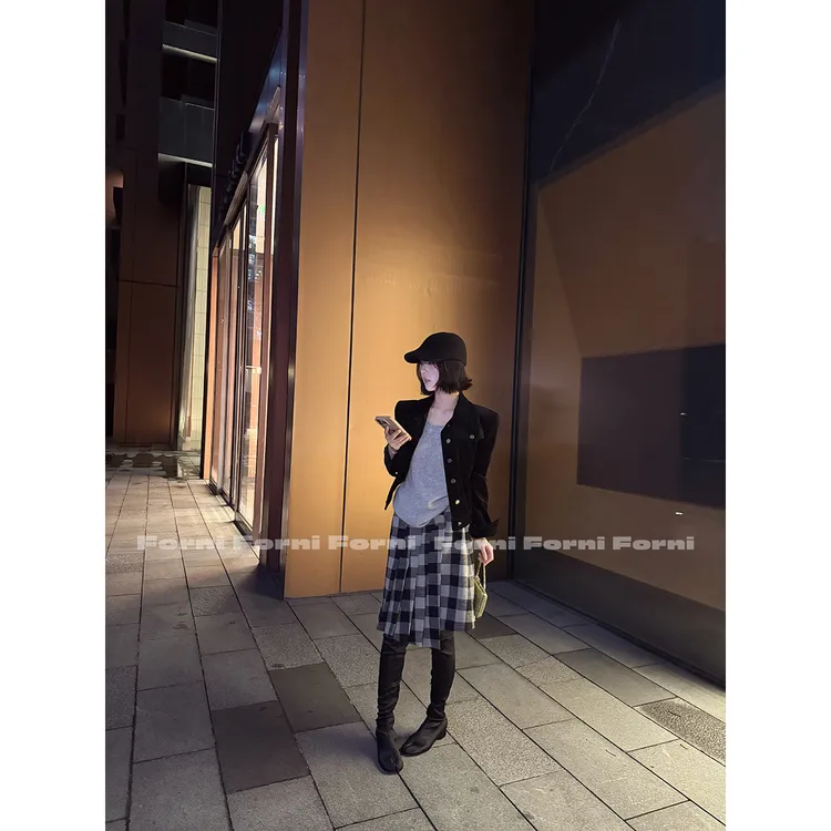 FORNI 都市旅人 英伦街头游牧风维希格纹一片式A字半身裙