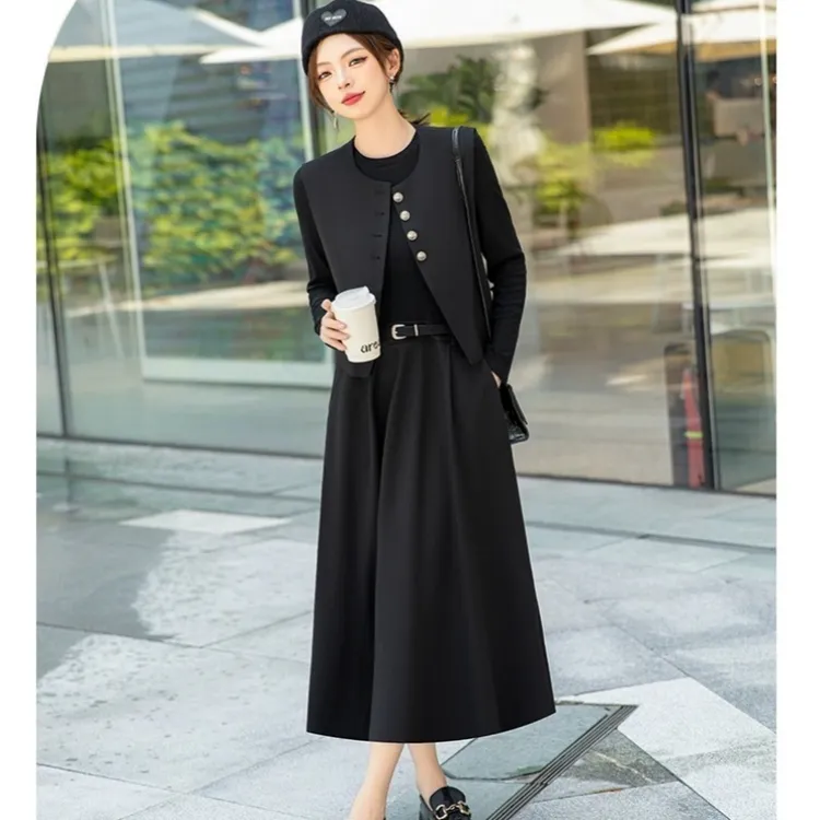 小香风马甲长袖连衣裙套装2025秋季新款洋气显瘦两件套裙子89016