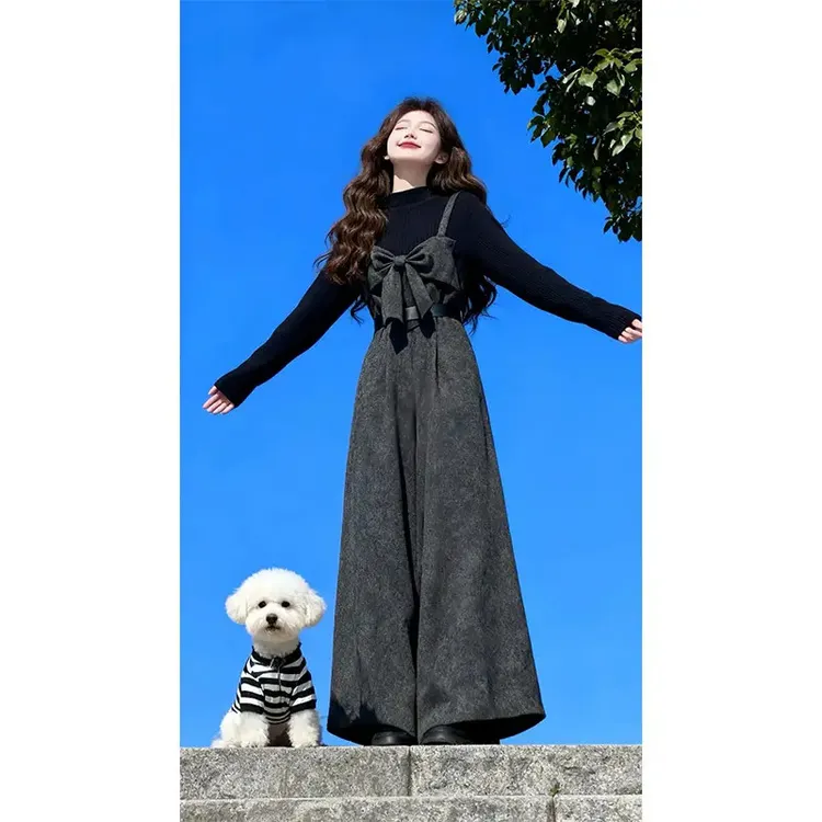 搭配蝴蝶结毛呢2025高级感两件套女装大码一整套背带裤打底衫秋季