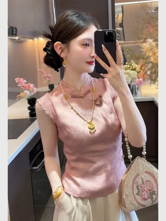 新中式女装粉色立领盘扣花边袖旗袍上衣夏季洋气减龄百搭显瘦小衫