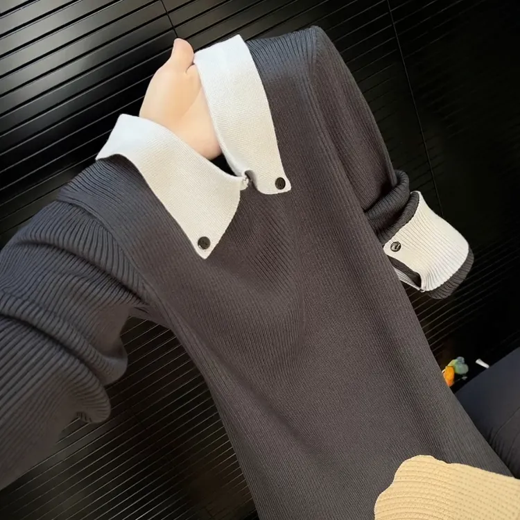 高级感撞色显瘦气质针织衫2025秋冬新款通勤风时尚宽松设计感毛衣