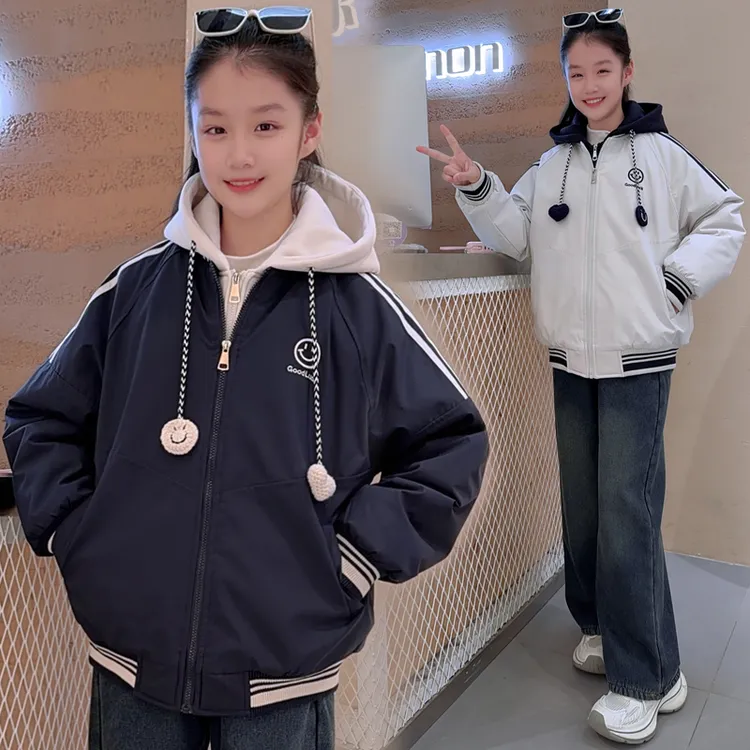 2025新款女中大童假两件圆领笑脸连帽加厚款棉服休闲外套童装棉衣