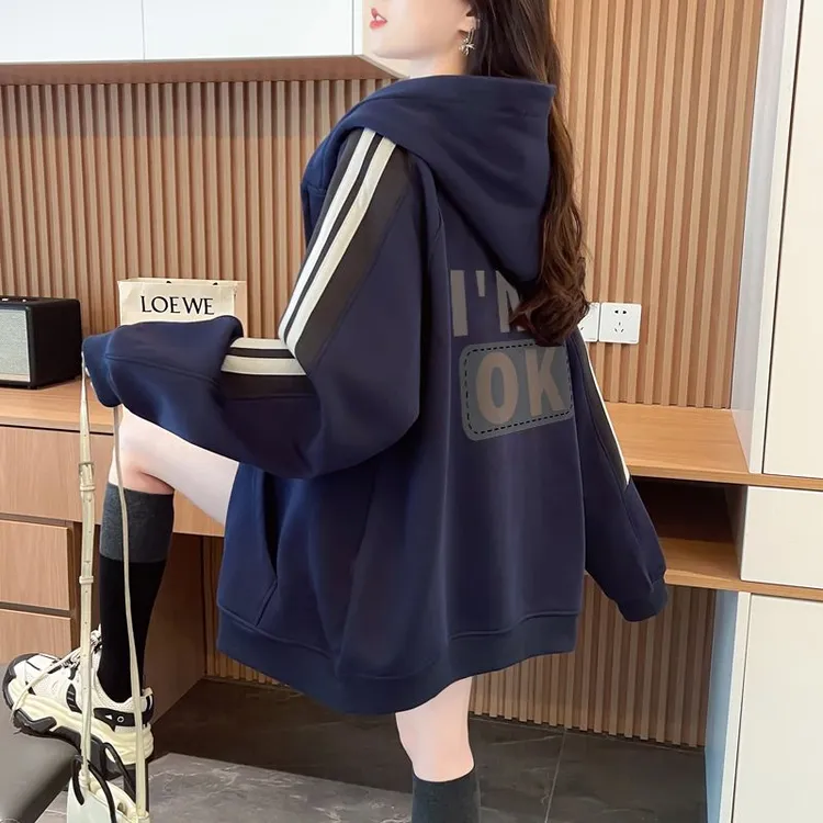 纯棉ins早春秋季薄款连帽开衫外套女新款中长款宽松大码小众卫衣