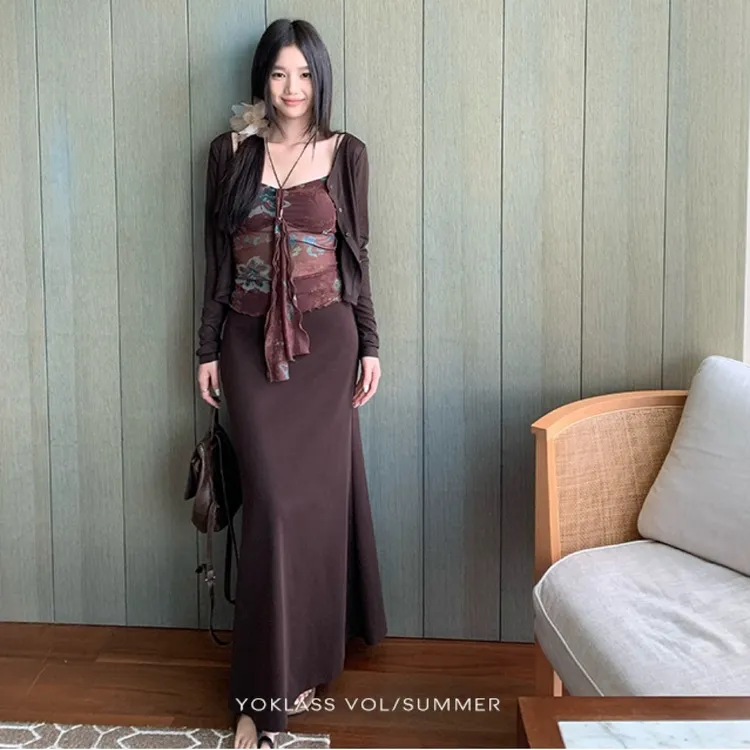 YOKLASS 纯欲松弛感背心吊带+针织开衫+半身裙女三件套时尚套装裙