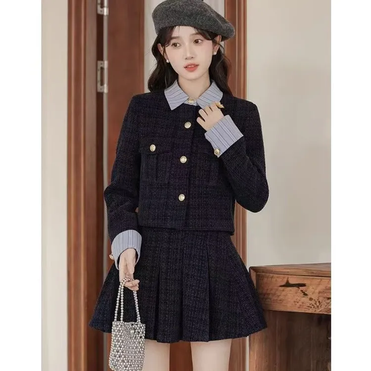 两件套女秋冬新款韩系小香风拼接短款拼接外套高腰遮跨百褶裙套装