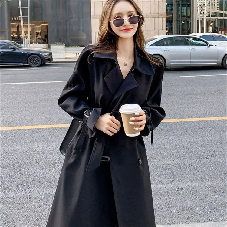 风衣女中长款2025春秋黑色韩版大码小个子流行英伦风大衣过膝外套