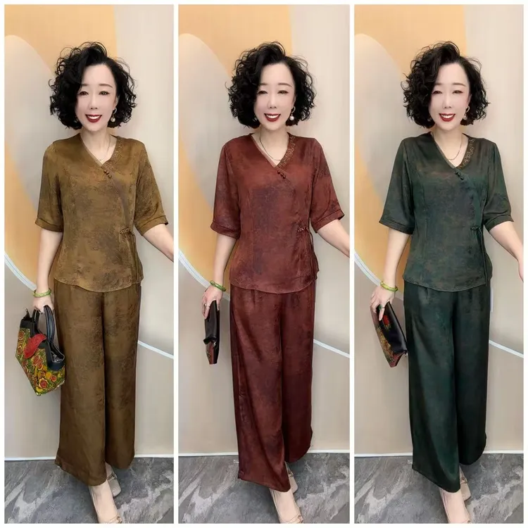 998新款山水画偏襟中老年妈妈宽松大码舒适凉爽套装（上衣+裤子）