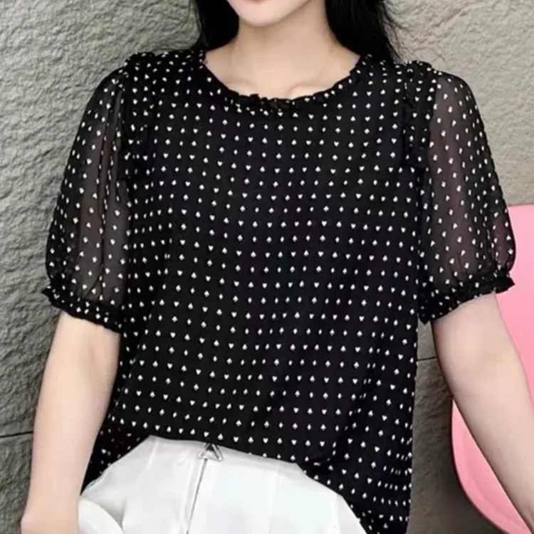 【洋玉服饰】时尚洋气2025夏季薄款花边圆领下宽松显瘦短袖小衫上衣