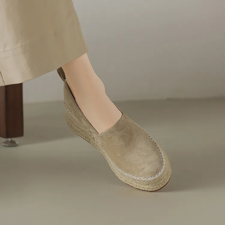 5cm厚底渔夫鞋女真皮松糕乐福鞋2025年新款秋季草编高跟懒人单鞋