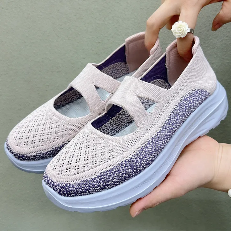 夏季网面透气老北京布鞋女飞织休闲鞋中老年健步鞋厚底舒适妈妈鞋