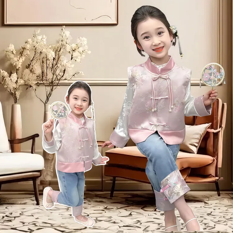 小女孩宝宝中国风长袖洋气牛仔裤套装女童新中式马甲套装春季儿童
