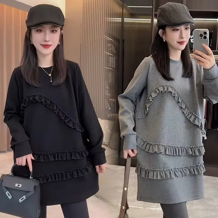 韩版时尚木耳边设计感拼接连衣裙女秋冬款小个子网红气质卫衣裙潮