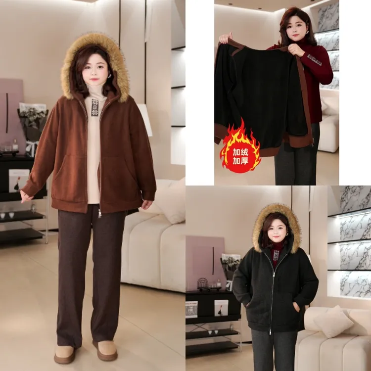 PWD33357【现货仅外套】冬季加绒可拆卸毛领大码女装外套【衣长73】
