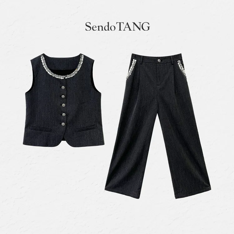 现货重工钉珠【月落银辉】胖多女装新款时尚高级感马甲休闲裤套装