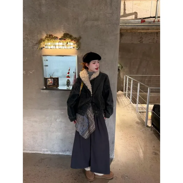 2025秋冬新款宽松复古设计款廓形毛领pu皮衣夹克棉服外套女阔腿裤