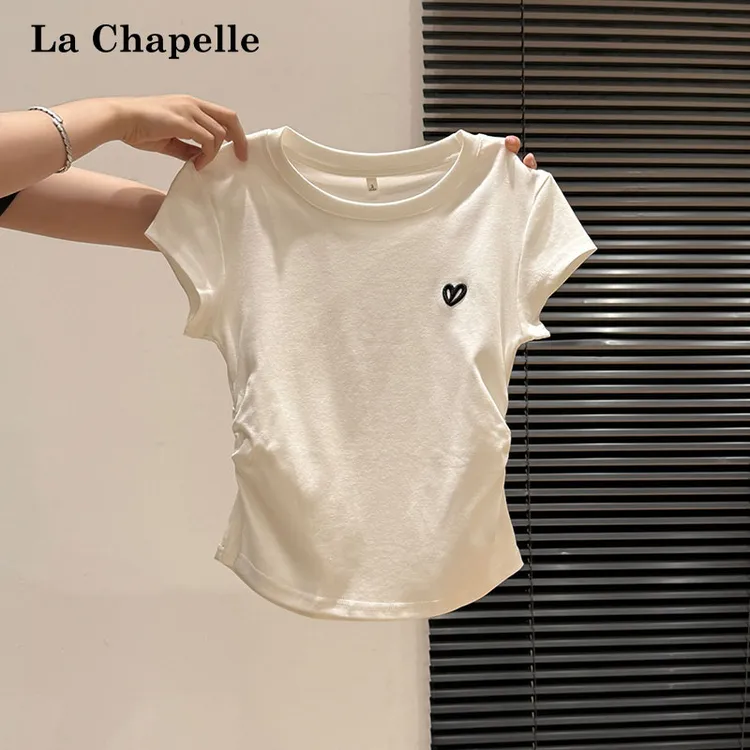拉夏贝尔夏日百搭白色休闲刺绣正肩短袖T恤女褶皱收腰显瘦小上衣