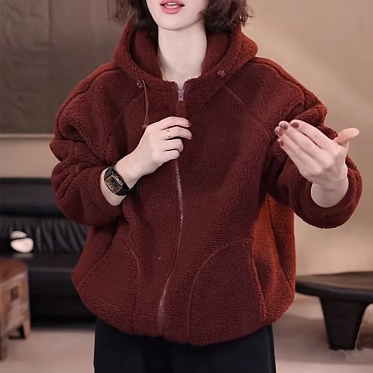 时髦洋气减龄颗粒绒保暖开衫外套女2025冬季新款休闲宽松连帽上衣