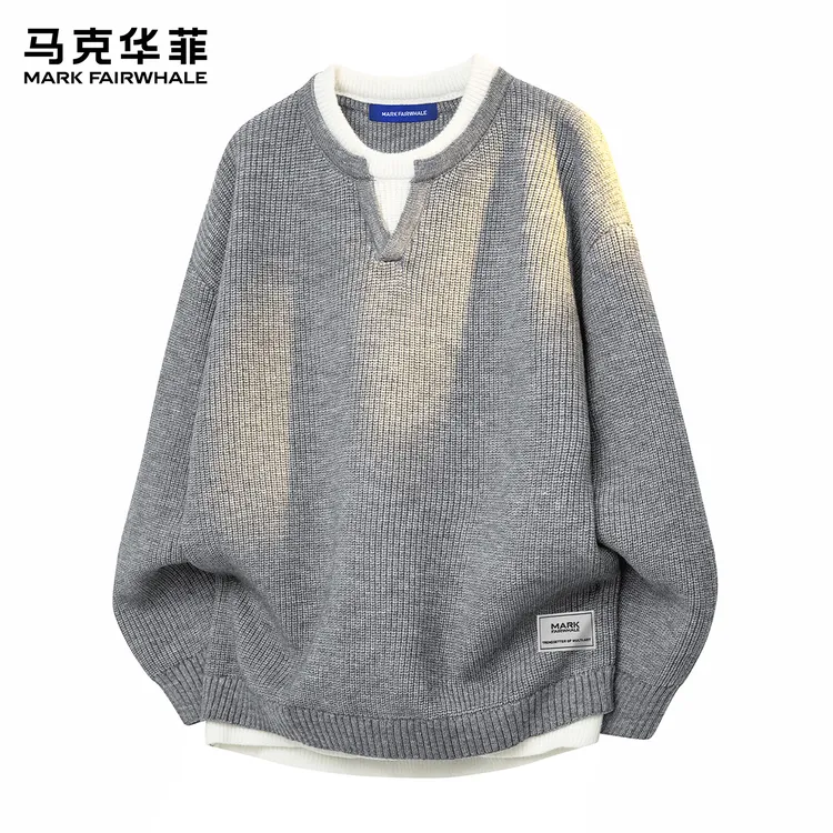 马克华菲男士假两件V领毛衣2025秋冬季百搭新款潮牌针织上衣外套