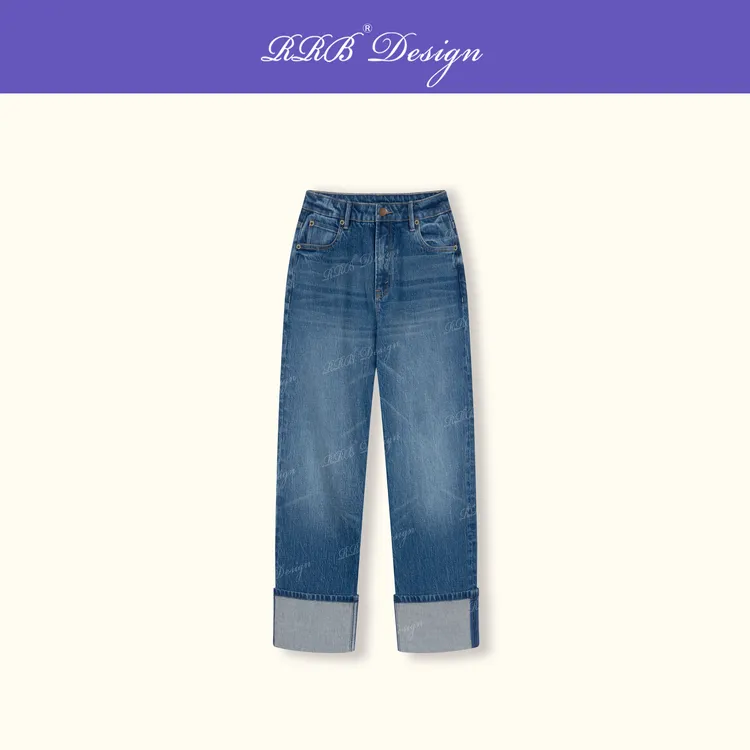 RRB Design 「卷边神裤」进口棉环保酵洗翻边宽松显瘦直筒牛仔裤