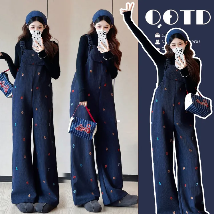 孕妇时尚套装加绒加厚刺绣韩版背带裤+打底上衣两件套孕妇套装