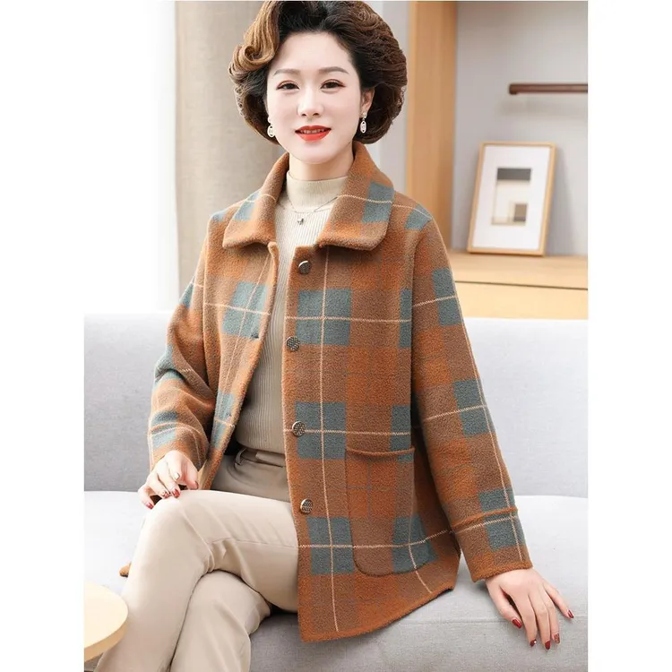 中年妈妈秋装毛呢子外套洋气高档中老年女秋冬时尚外套上衣50-60