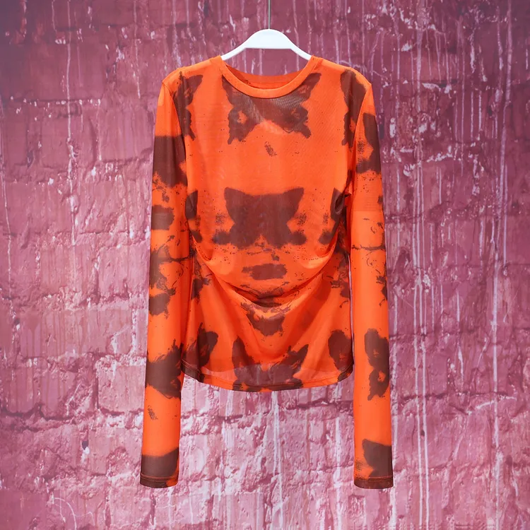 【韩哥女装】《魏姝弄鸣丝》橘红色蝴蝶水印修身长袖网纱6129A