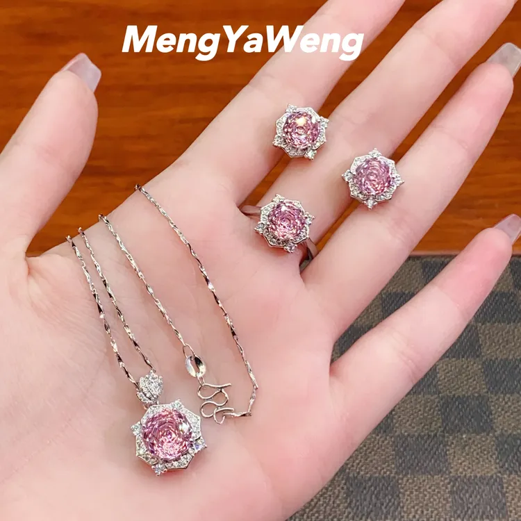 铜合金合成锆石戒指 【k4134】三件套戒指耳钉项链粉色玫瑰切冰花切