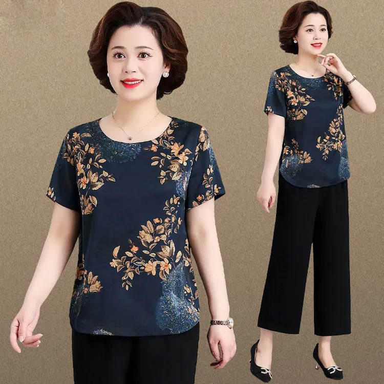 妈妈夏装洋气冰丝雪纺短袖套装新款中老年人女中年女装妈妈夏装