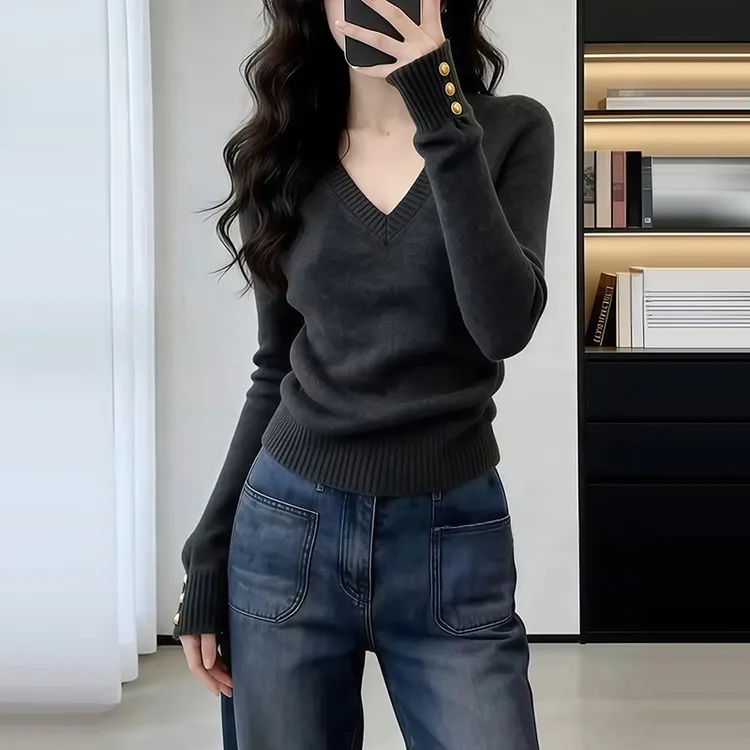 韩系气质V领灰色针织衫女秋冬季极简风修身显瘦内搭短款打底上衣