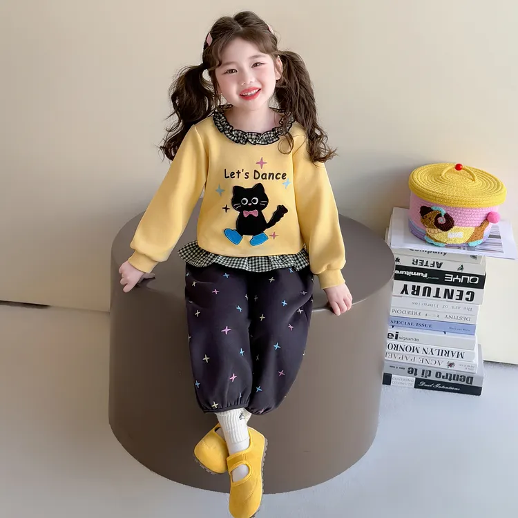 女童秋装套装2025新款卡通喵咪儿童卫衣小童秋季两件套女宝宝衣服