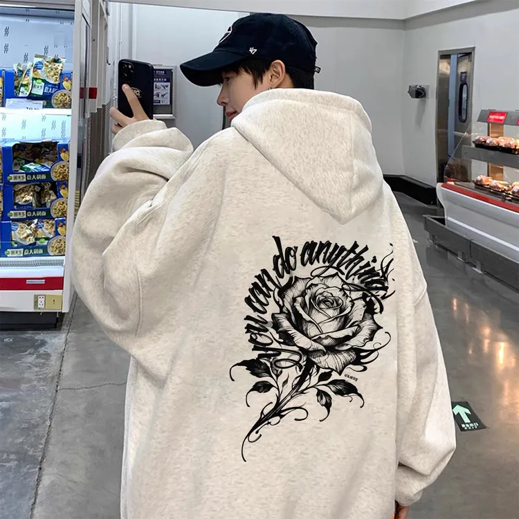 重磅加绒加厚连帽卫衣宽松双层帽青春艺术玫瑰男女同款男装秋冬季
