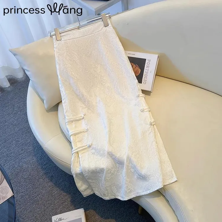 新中式提花缎面半身裙女夏季2025新款国风开叉中长款包臀A字裙女