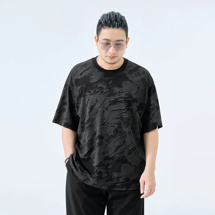 半墨大码男装复古印花T恤男短袖宽松圆领夏季胖子男士体恤衫0351