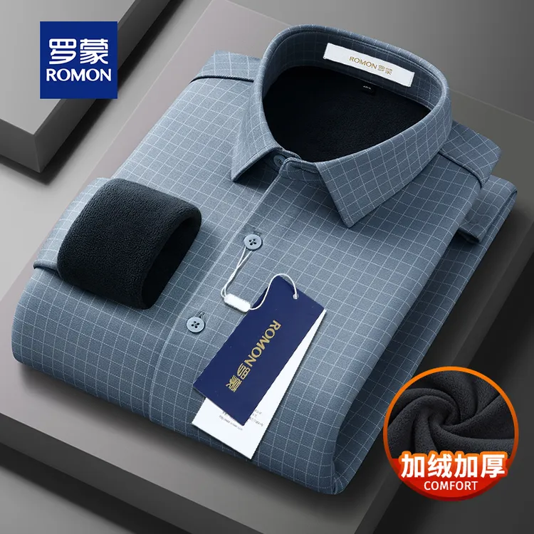 罗蒙【含绵羊毛】加绒高档保暖衬衫中年男士秋冬休闲长袖格子衬衣