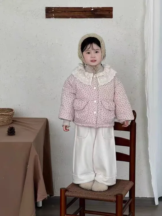  女童 碎花棉袄甜美冬季新款韩版棉衣洋气花边领加绒加厚外套