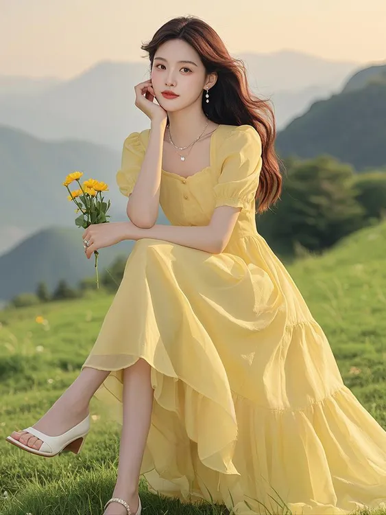 气质独特超好看黄色泡泡袖连衣裙女夏季雪纺气质高级感温柔风长裙