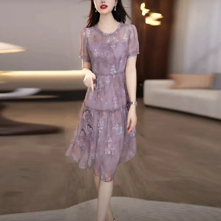 冰竹丝紫色碎花裙2025夏季新款时尚洋气优雅温婉宽松遮肉连衣裙子