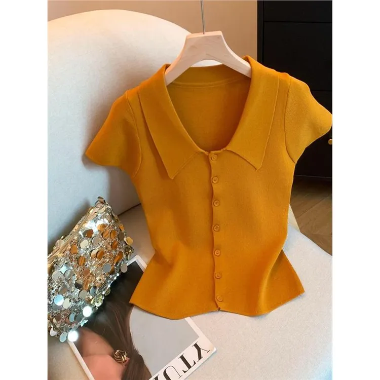 飞飞袖polo领针织短袖t恤女夏季新款法式别致设计感修身显瘦上衣