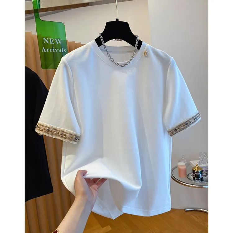 高级感黑色钉珠t恤女短袖2025新款宽松内搭纯棉体恤打底衫上衣夏