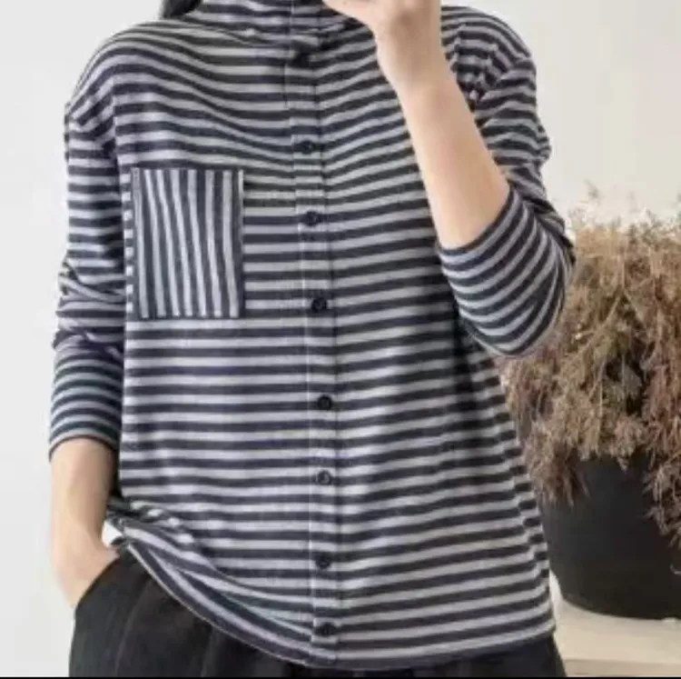 木禾家-高品质复古炒色条纹双面绒T