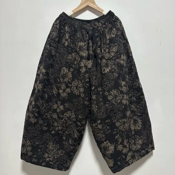 碎花拼接棉麻松紧腰加棉加厚保暖宽松休闲女棉裤秋冬