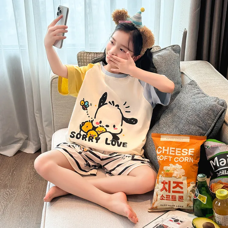 女童棉质睡衣夏2025新款初中生女孩棉绸家居服薄款短袖空调服套装