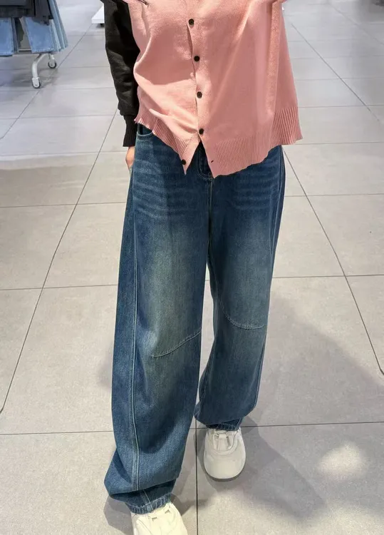 美式复古弯刀牛仔裤女秋季新款大码胖mm高腰宽松遮胯显瘦阔腿长裤