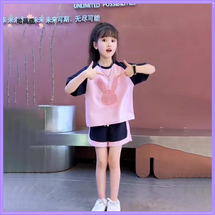 女童T恤短袖夏装套装2025新款洋气中大童时髦短裤儿童休闲两件套