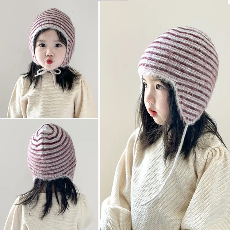 宝宝帽子秋冬新款女童防风护耳帽小女孩毛线帽儿童针织套头帽男童
