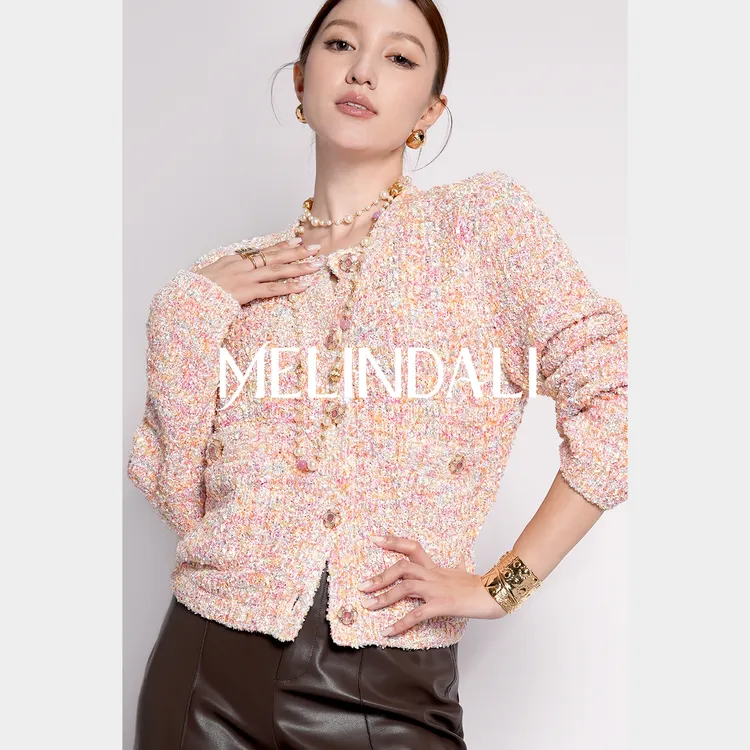 Melinda Li【彩宝珊瑚】贵气千金感幻彩花纱小香风针织开衫短外套秋