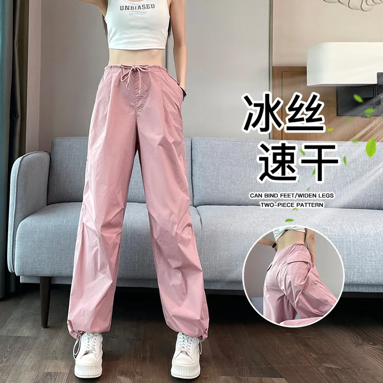 速干工装裤女款爆款2025新款夏季薄款小个子高腰美式阔腿伞兵裤子