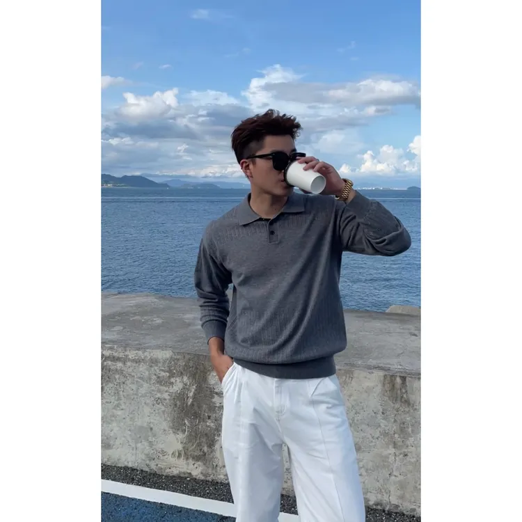 CHANWS 琥珀流光老钱风polo衫男士翻领镂空长袖2025秋季男款8801